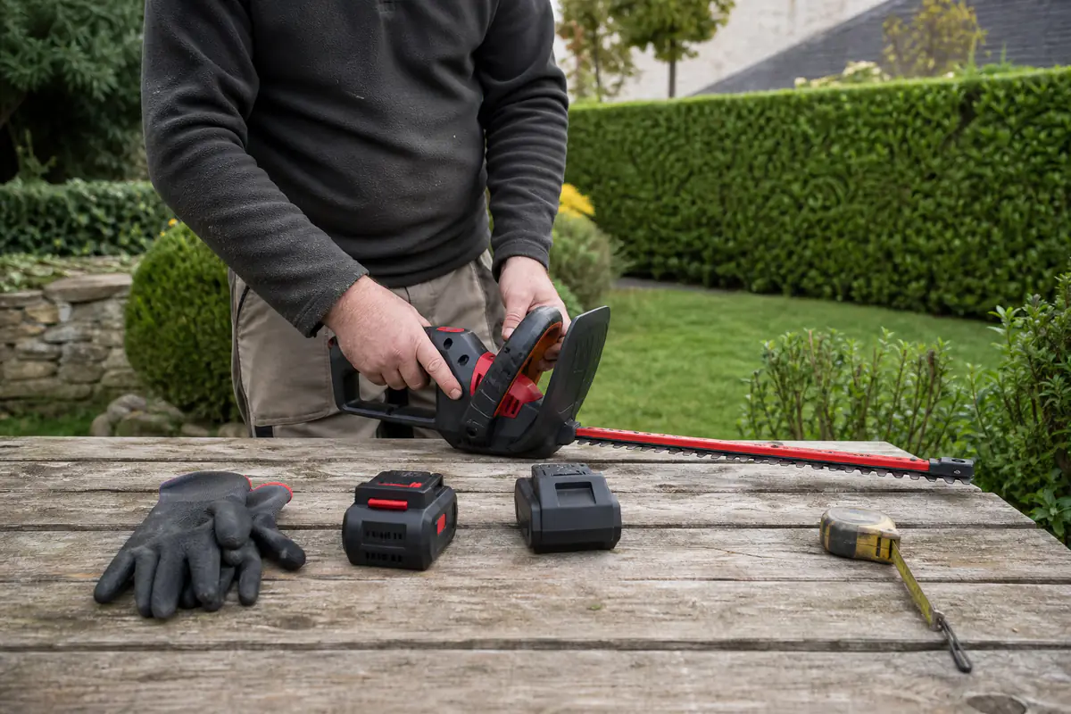 Jardinier comparant un taille-haie sans fil et ses batteries sur une table en bois dans un jardin français