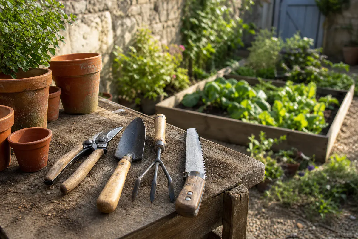 Sélection d’outils manuels de jardin propres et abordables posés sur un établi en bois dans un jardin français.