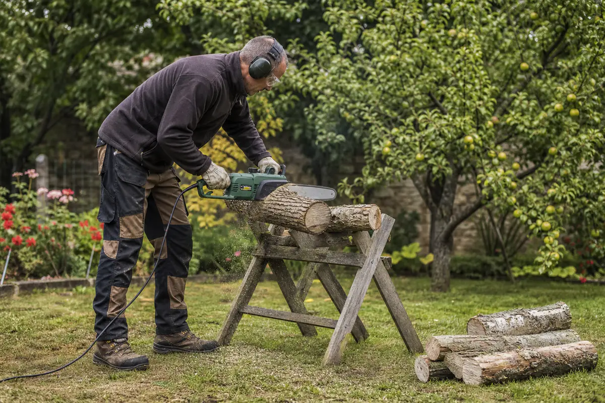Jardinier équipé utilisant une tronçonneuse électrique sur une bûche calée dans un jardin français lumineux
