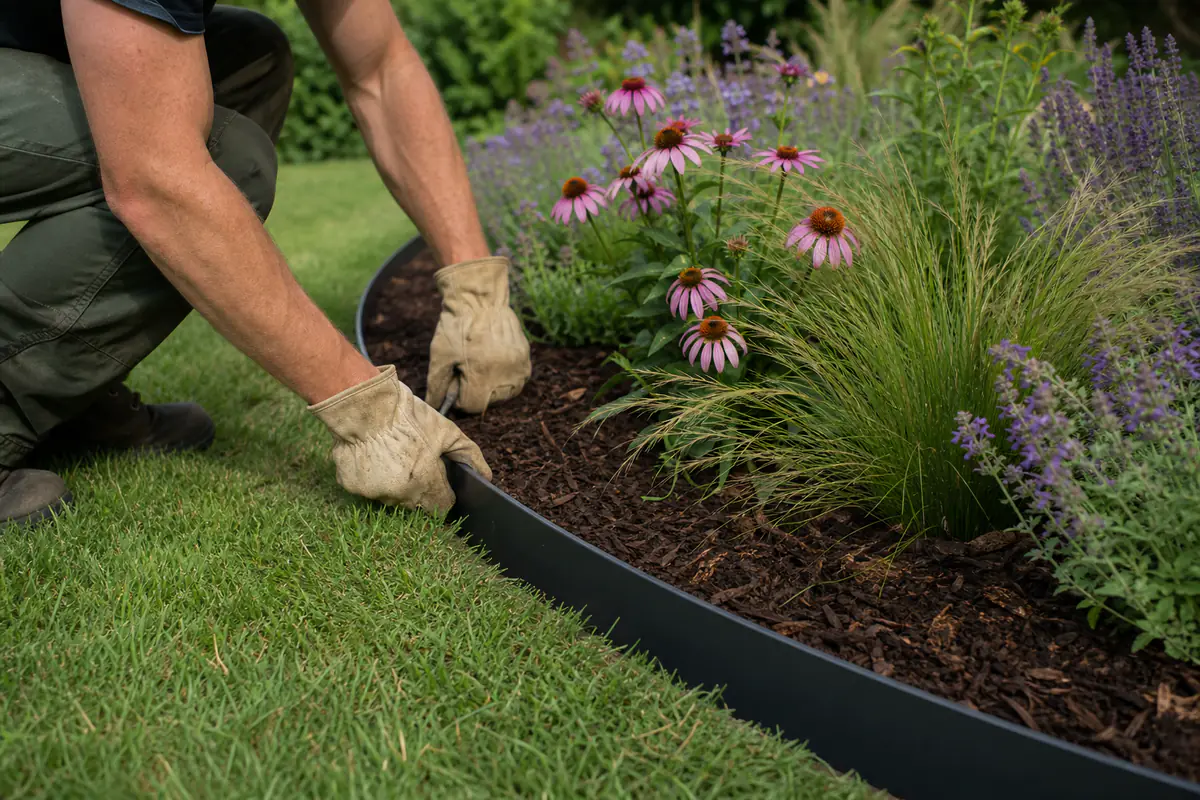 Pose d'une bordure métallique discrète autour d'un parterre fleuri paillé dans un jardin français ensoleillé