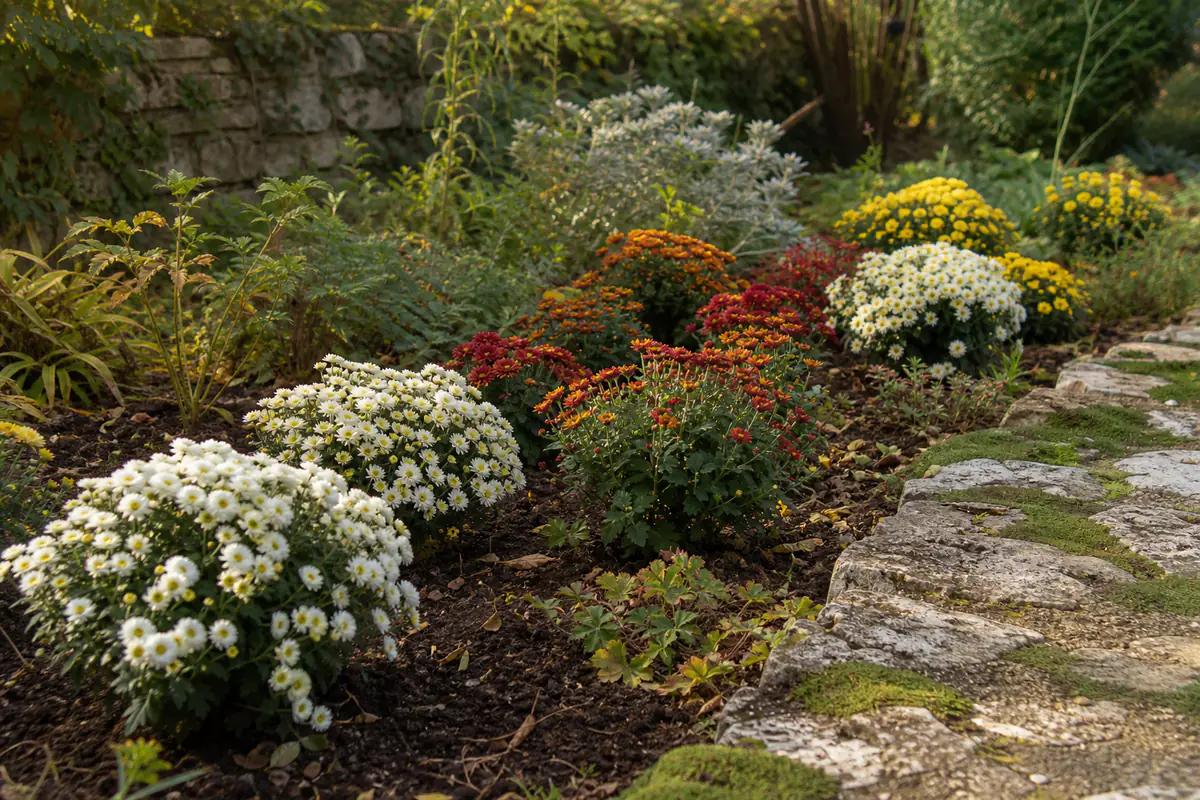 Chrysanthèmes fleuris plantés dans une bordure ensoleillée et bien drainée d’un jardin français
