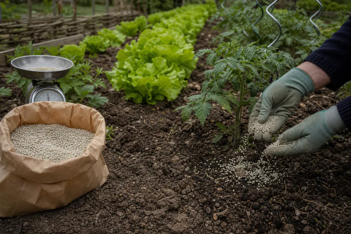Mains gantées répandant des granulés d’engrais au pied de plants de légumes dans un potager, sac ouvert posé sur la terre