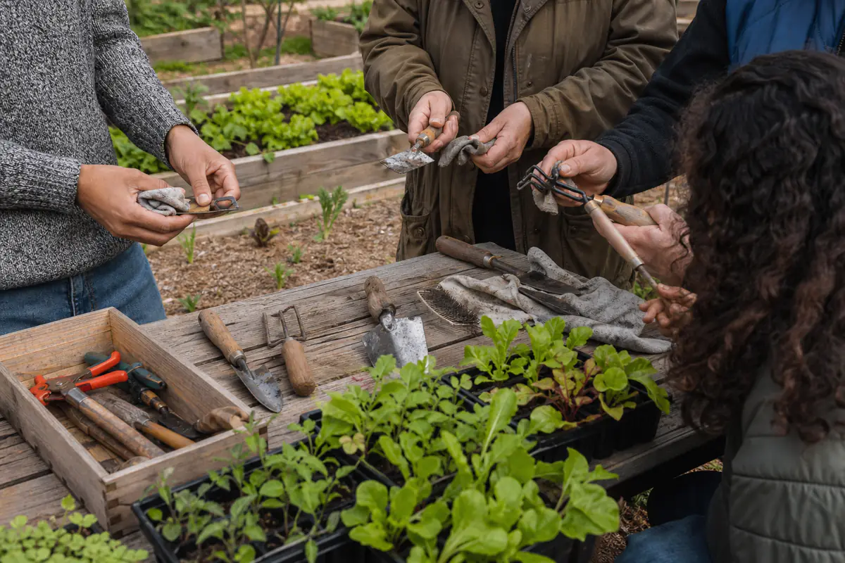 Participants réunis dans un jardin partagé pour réparer des outils, préparer des semis et échanger des conseils