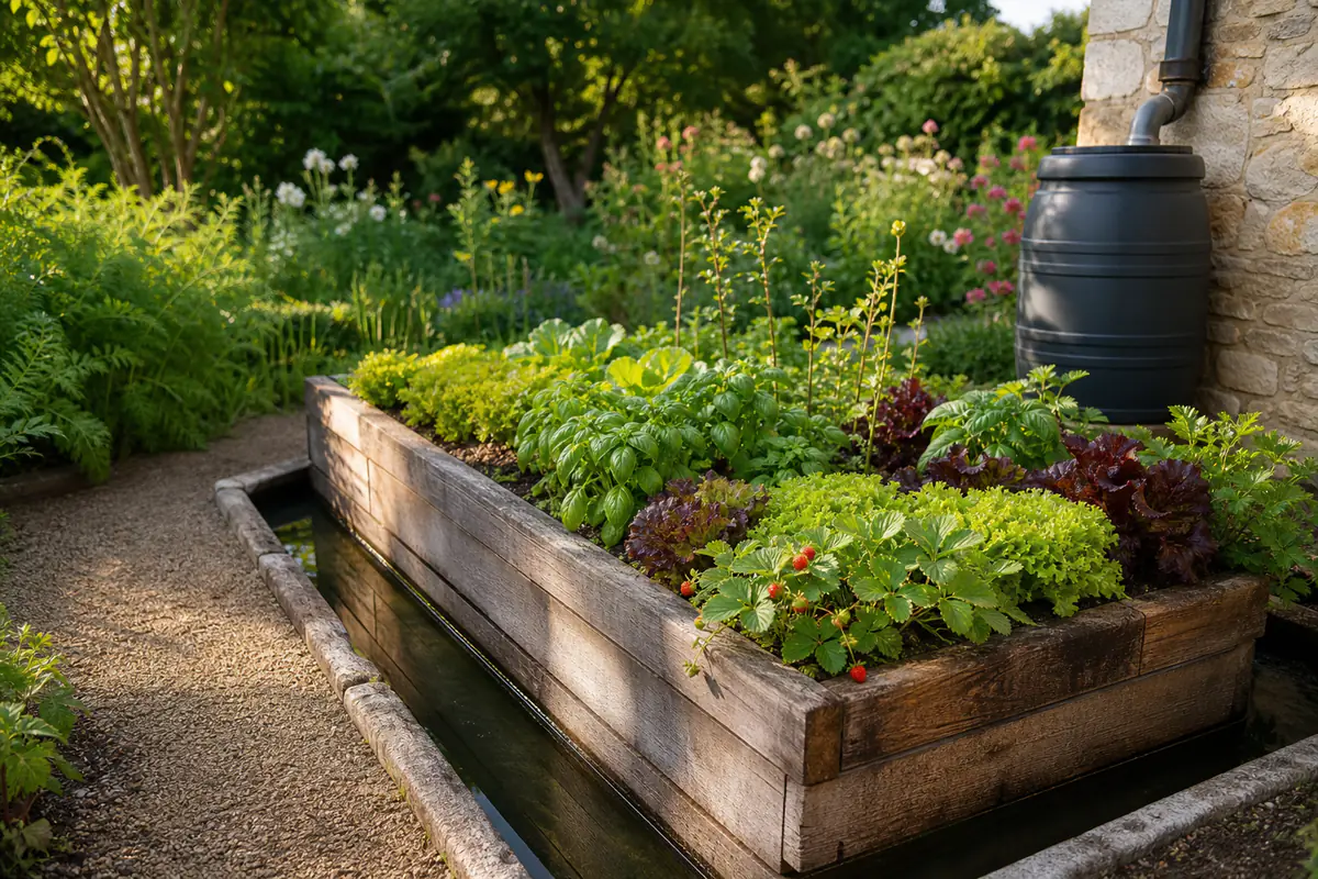 Jardinière potagère surélevée entourée d’une rigole d’eau protégeant salades et fraisiers des limaces