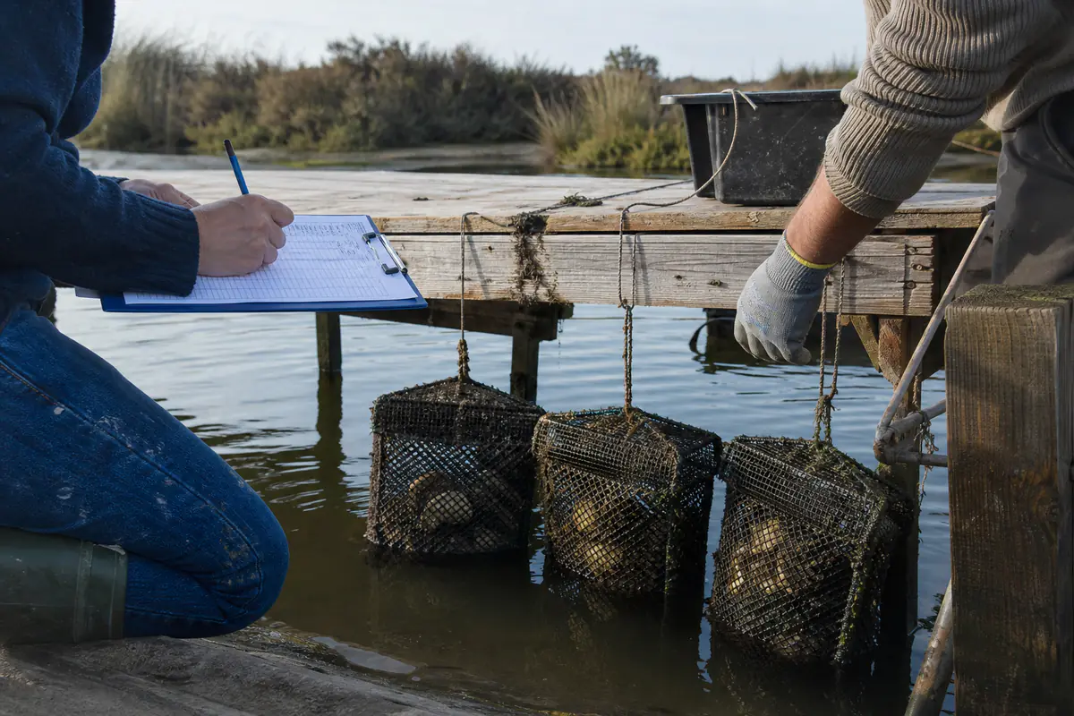 Jeunes huîtres dans une cage flottante contrôlée au bord d’une lagune végétalisée et calme