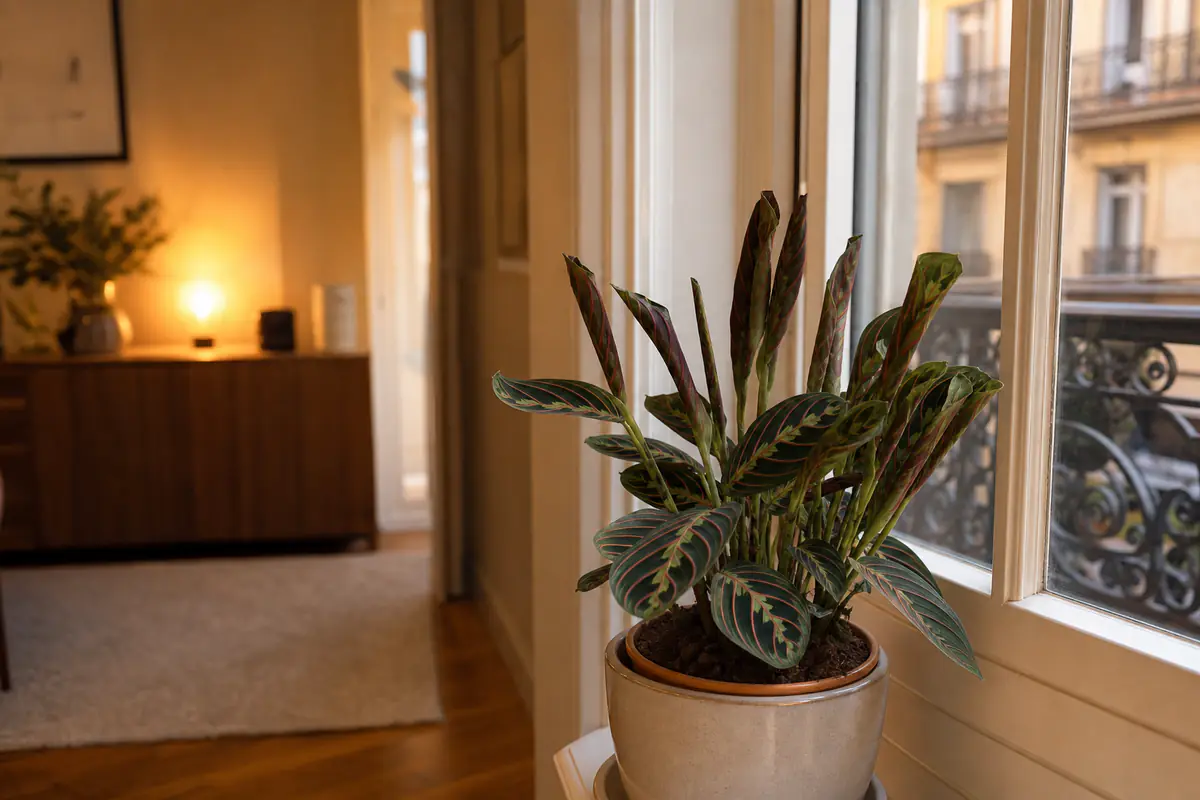 Feuilles de maranta partiellement repliées à la verticale en fin de journée dans un intérieur français