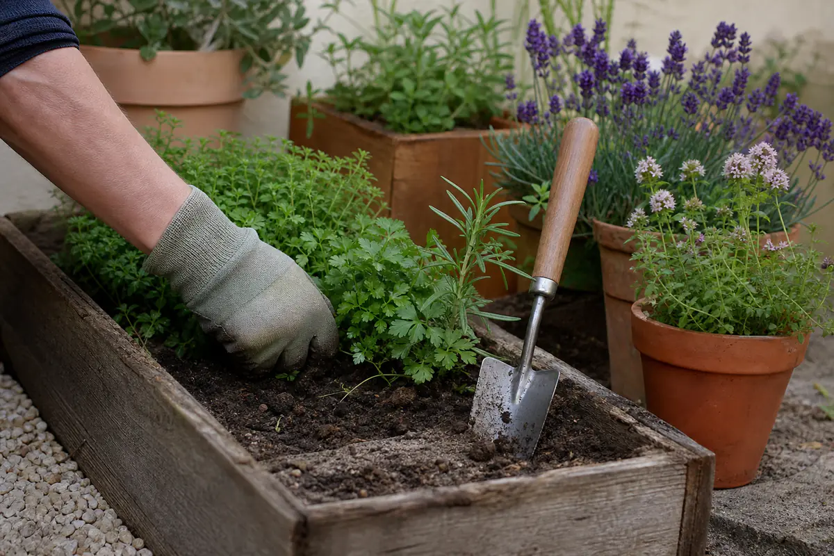 Bêche bordure en acier carbone posée près de jardinières fleuries sur une terrasse de jardin française