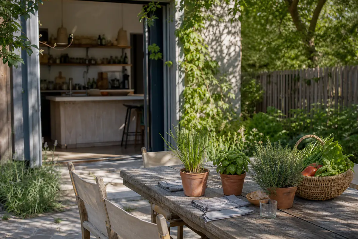 Table de jardin sobre avec herbes aromatiques en pots, légumes fraîchement récoltés et vaisselle réemployable