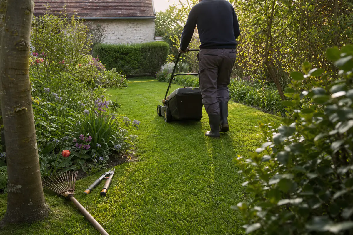 Jardinier utilisant une tondeuse à batterie sur une pelouse entourée de massifs dans un jardin français calme