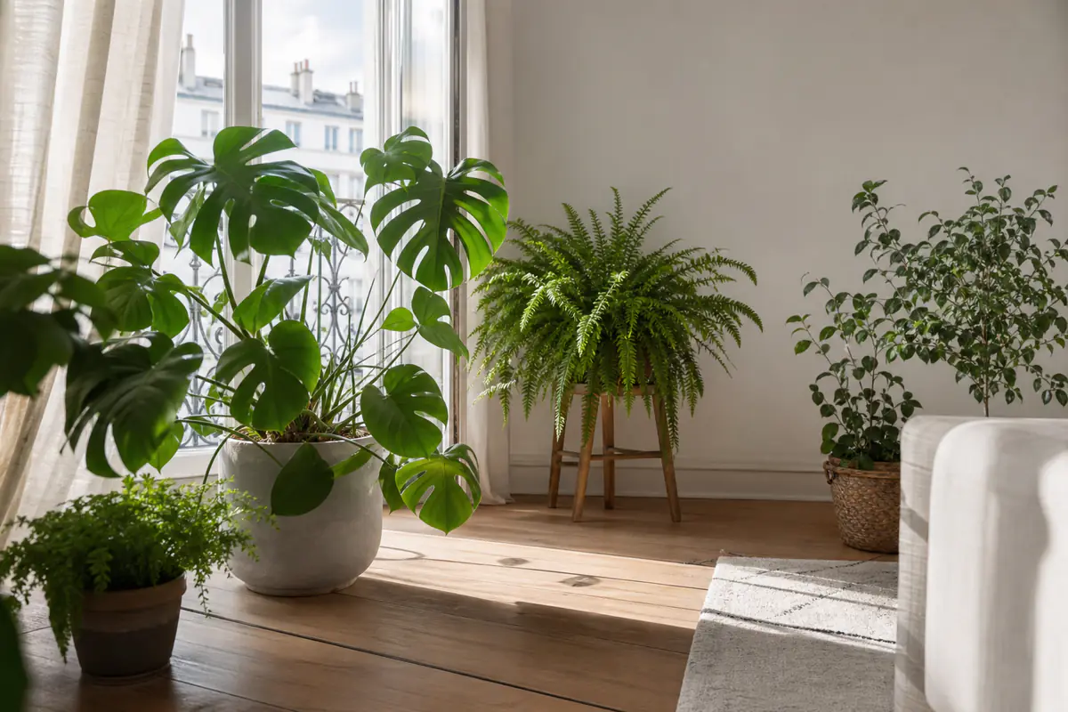 Plantes vertes d’intérieur alignées près d’une grande fenêtre, ombres portées nettes sur le parquet clair d’un salon