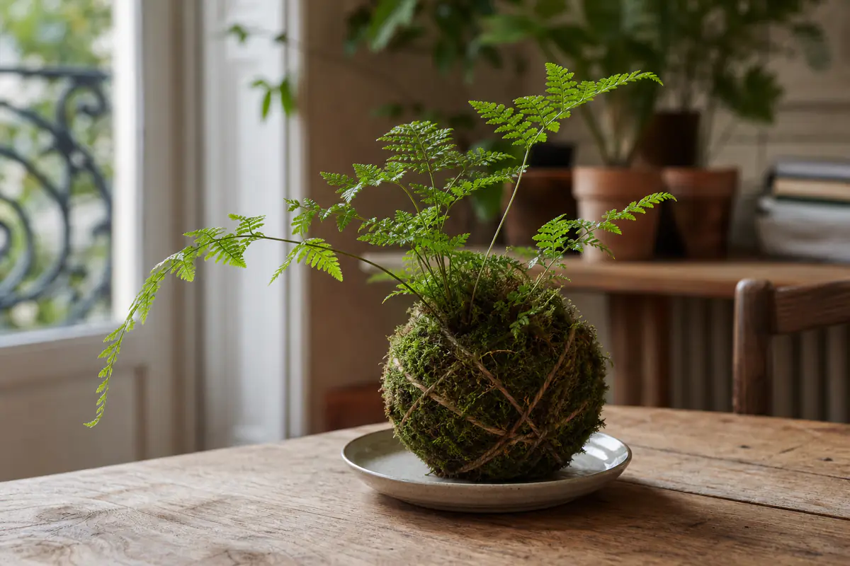 Kokedama de fougère posé sur une table claire, sphère de mousse et ficelle de jute en lumière douce