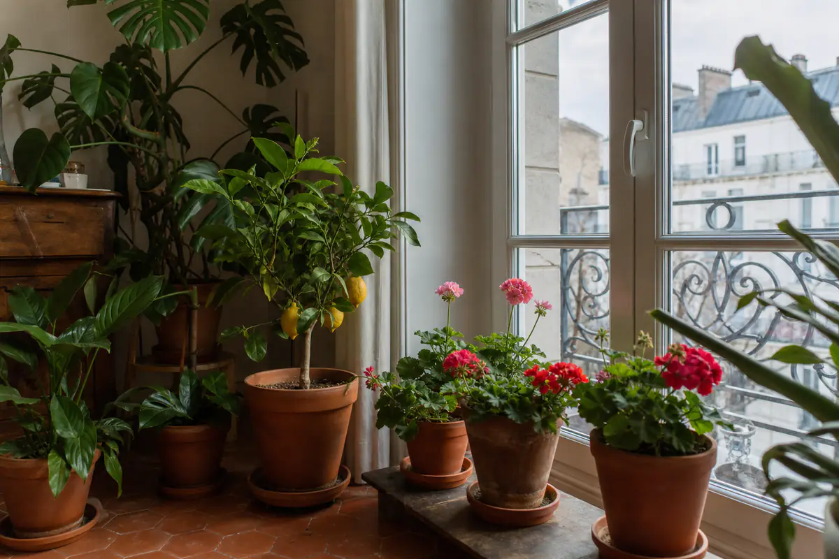 Plantes vertes et agrumes en pots installés près d’une fenêtre lumineuse après leur rentrée hivernale