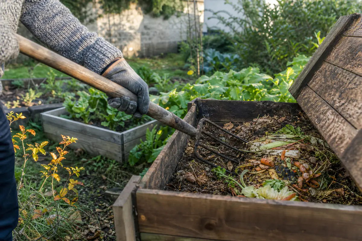Composteur de jardin entrouvert avec épluchures, feuilles mortes et broyat, prêt à nourrir le potager.