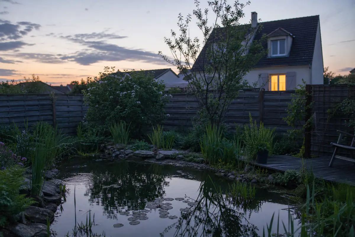 Mare de jardin près d’une clôture, entourée de plantes, avec une fenêtre de maison voisine au crépuscule
