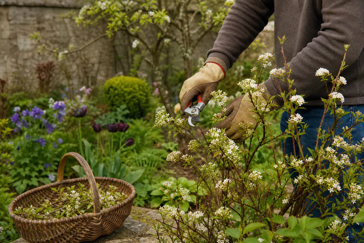 Jardinier taillant un arbuste fleuri avec un sécateur propre dans un jardin français au printemps