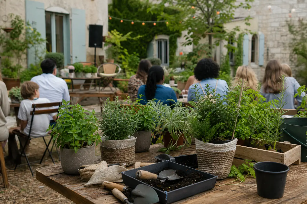 Participants autour d’une table de rempotage lors d’un atelier jardinage convivial dans une cour végétalisée