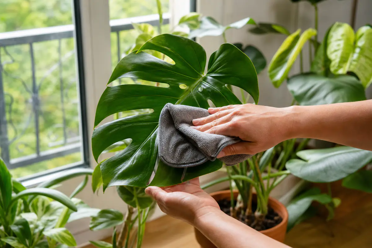 Main essuyant délicatement la grande feuille lustrée d’un monstera avec un chiffon microfibre, près d’une fenêtre lumineuse