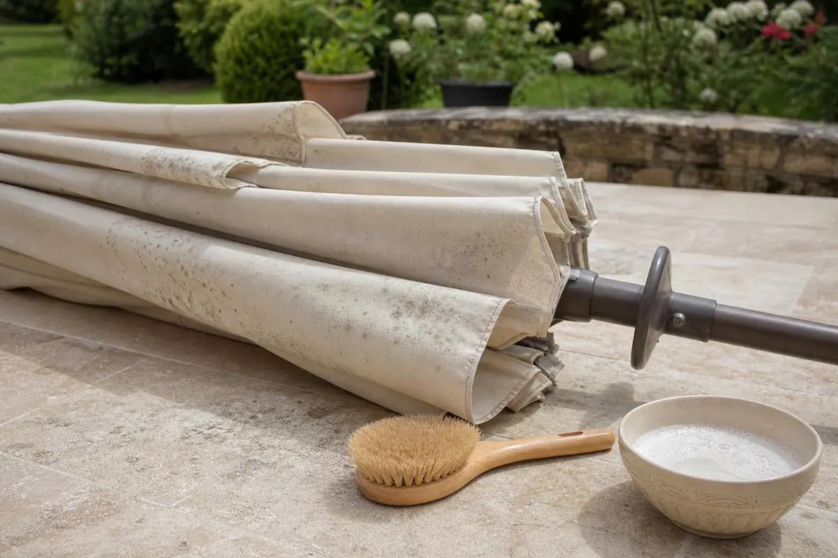 Toile de parasol de jardin marquée de petites taches noires de moisissure sur une terrasse française