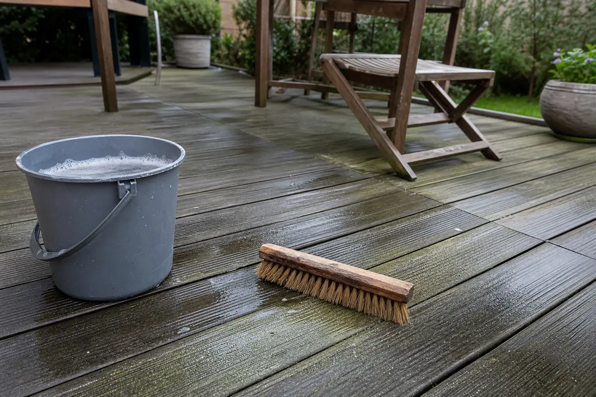 Lames de terrasse en bois composite gris avec quelques traces d'algues sur une terrasse française