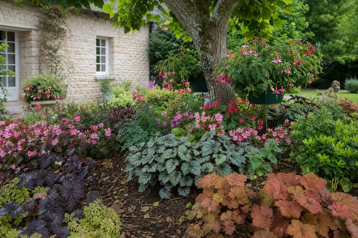 Massif français à l’ombre claire composé de bégonias, impatiens et fuchsias fleuris sous un arbre