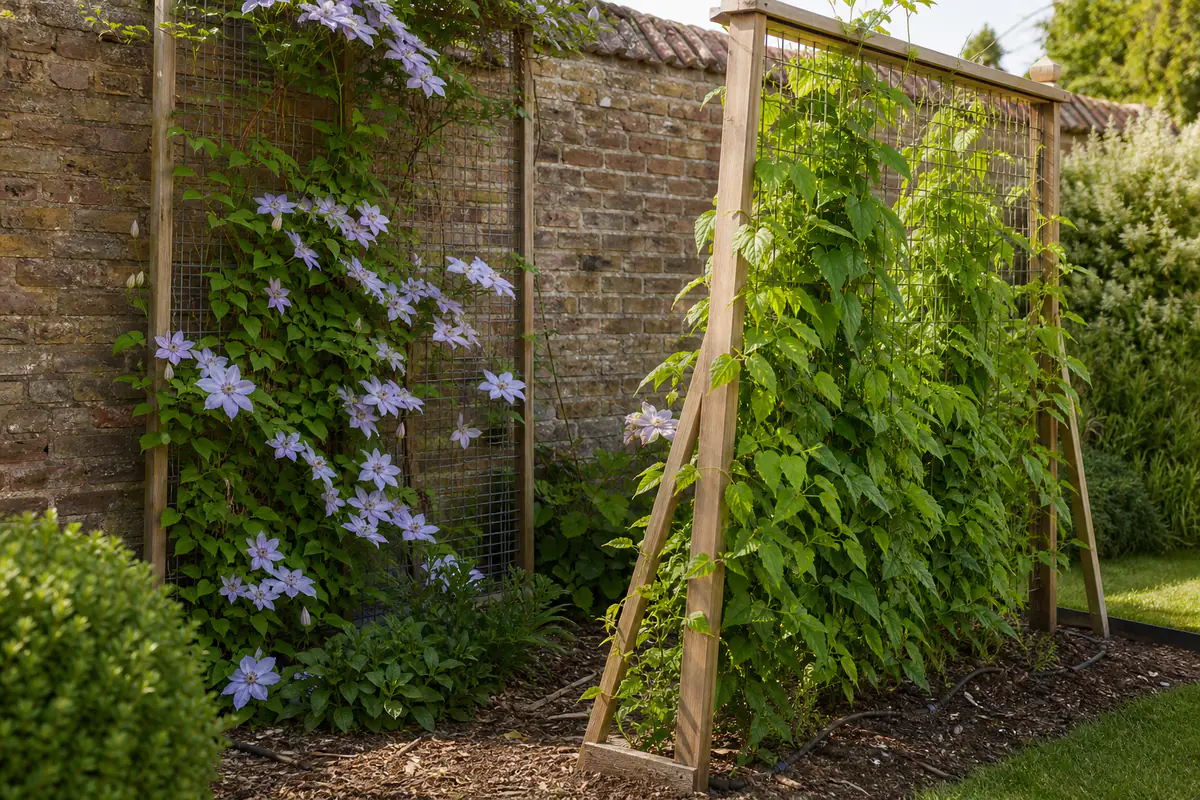 Plantes grimpantes comestibles et fleuries sur un treillis en bois dans un petit jardin lumineux