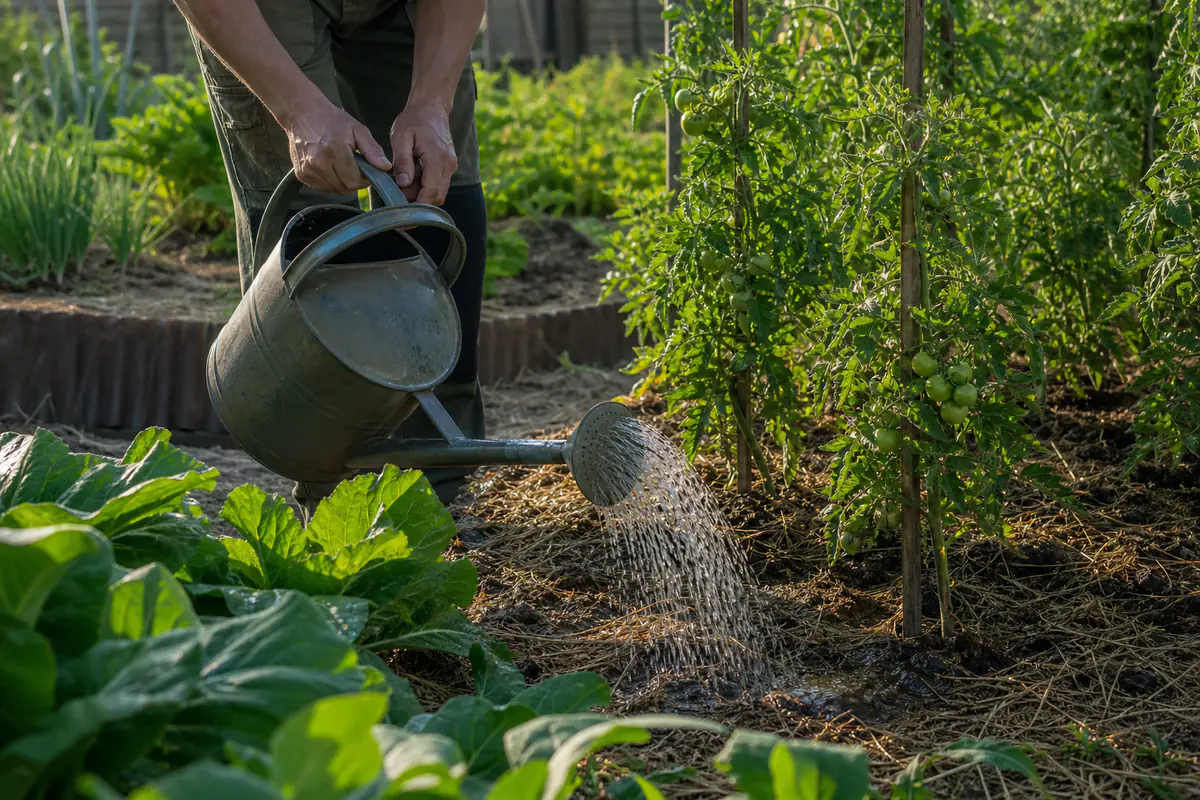 Jardinière arrosant au pied des plants de tomates paillés dans un potager ensoleillé en matinée