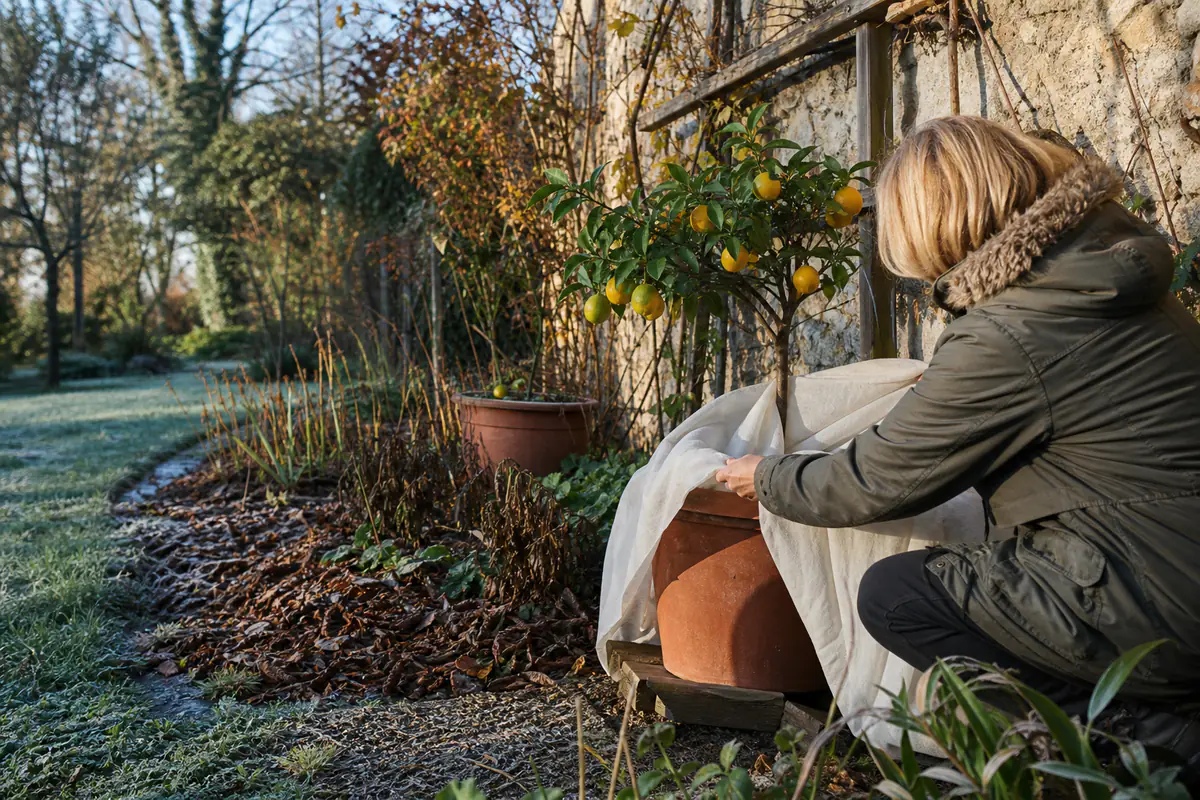 Jardin français en novembre avec massifs paillés, pots protégés et voile d'hivernage avant les gelées