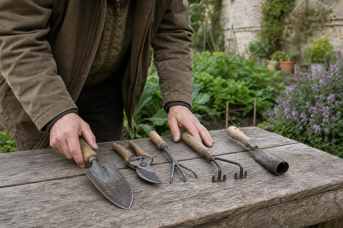 Jardinier comparant des outils à main robustes sur une table en bois dans un jardin français lumineux
