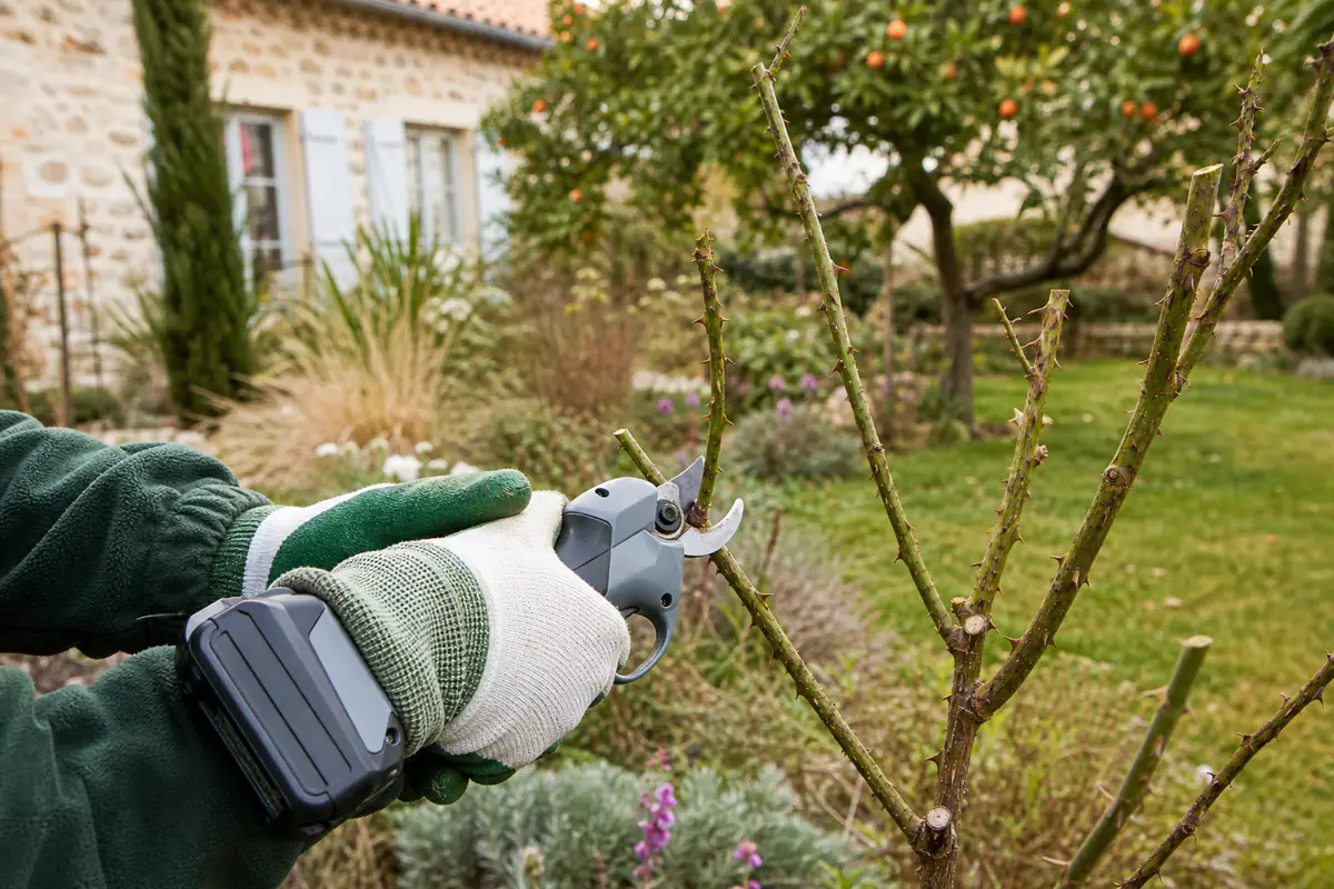 Jardinier équipé de gants utilisant un sécateur électrique sur un jeune rameau de rosier dans un jardin français