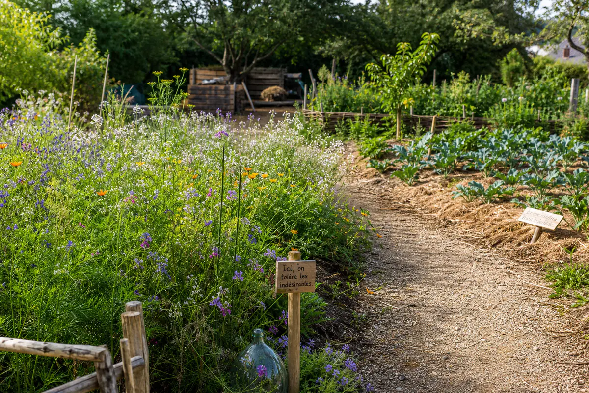 Jardin familial naturel ouvert aux visiteurs avec potager paillé, fleurs mellifères et panneau manuscrit