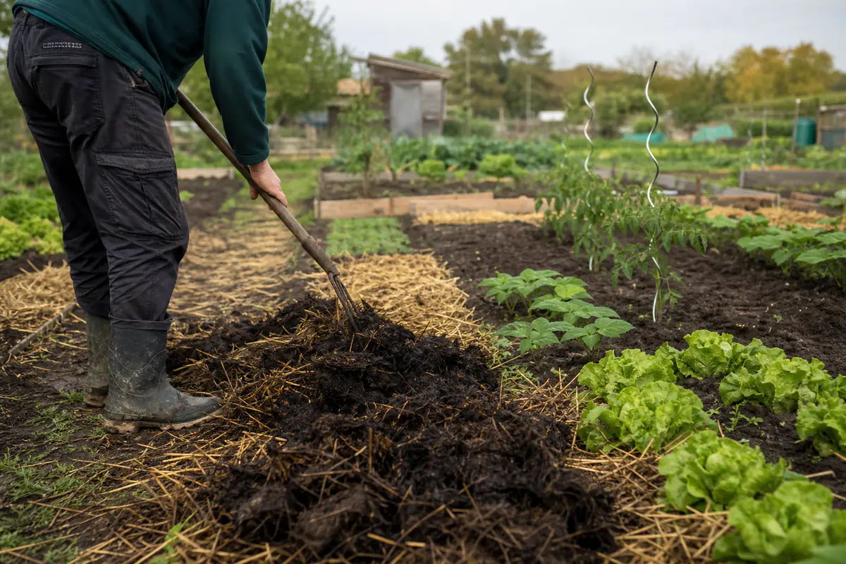 Jardinier préparant une parcelle de légumes paillée dans un jardin familial français au soleil du matin
