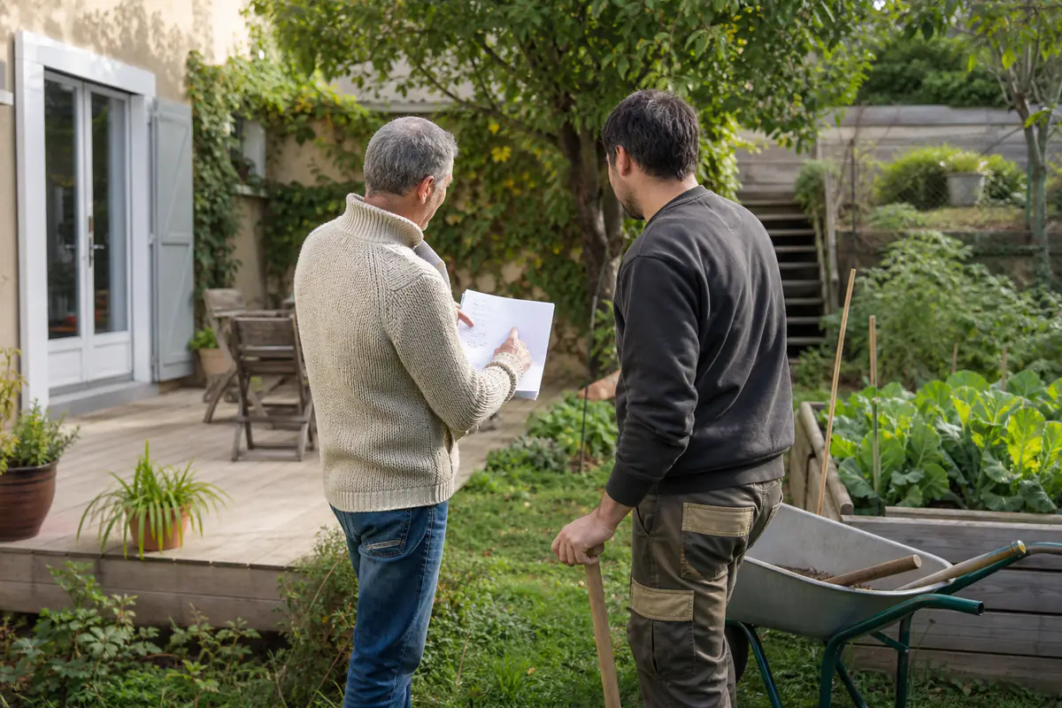 Propriétaire préparant avec un intervenant une liste d’entretien dans un jardin de maison française