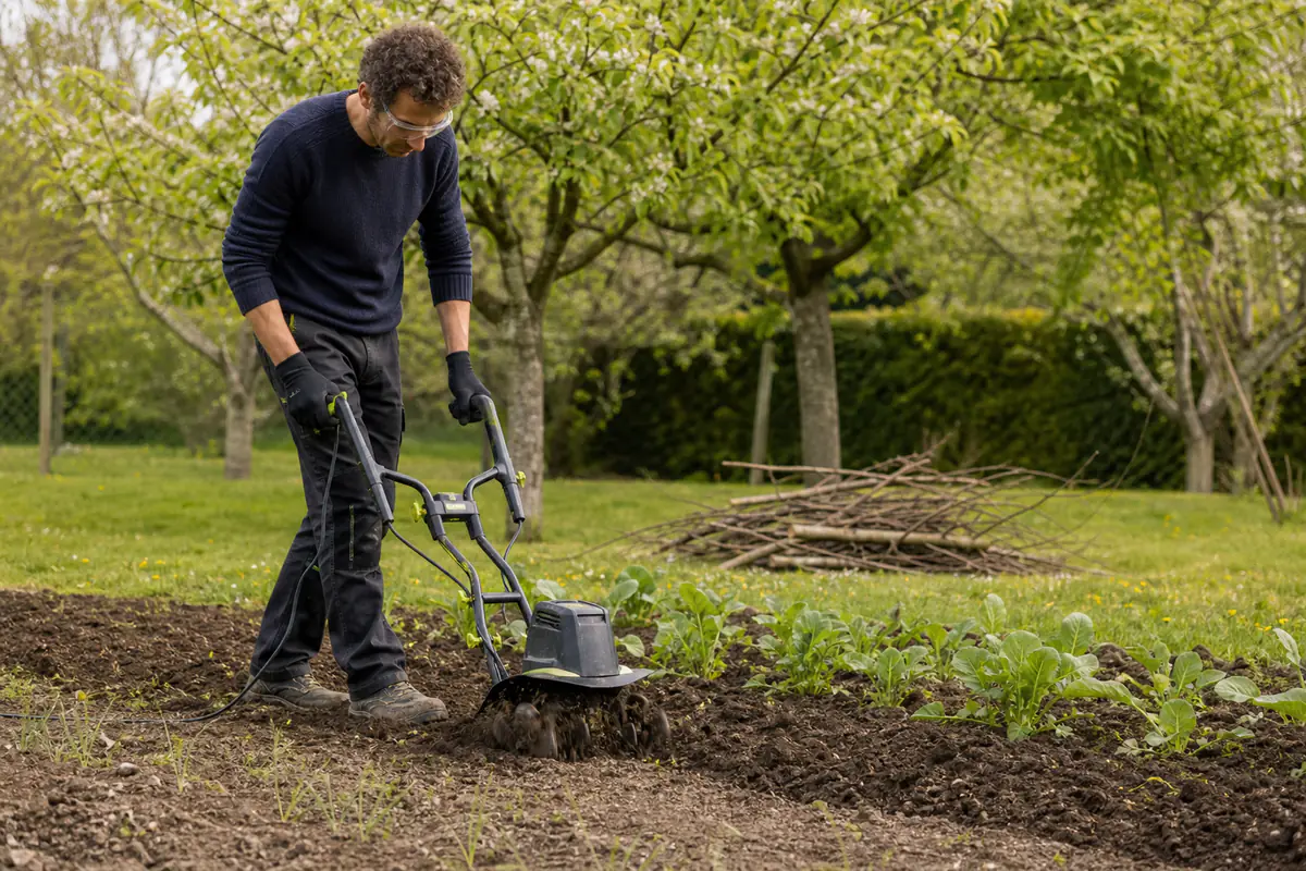 Jardinier équipé utilisant une motobineuse électrique dans un potager bordé de jeunes plantations