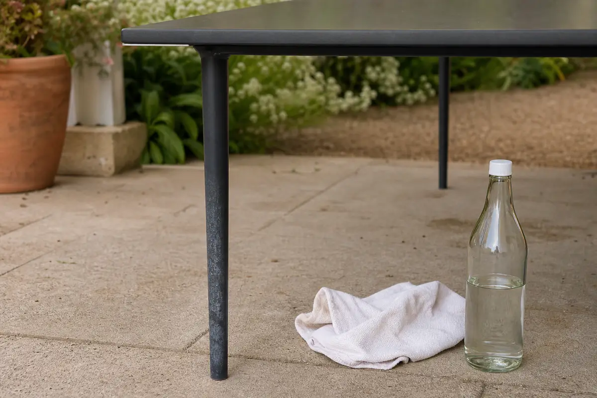 Table de jardin en aluminium légèrement terni avec un dépôt blanchâtre sur un pied, chiffon posé à côté