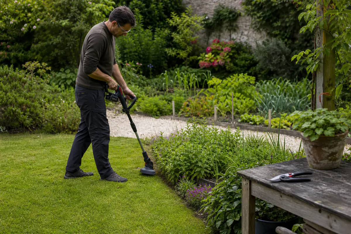 Jardinier taillant une bordure avec une débroussailleuse sans fil, sécateur et arbustes au jardin