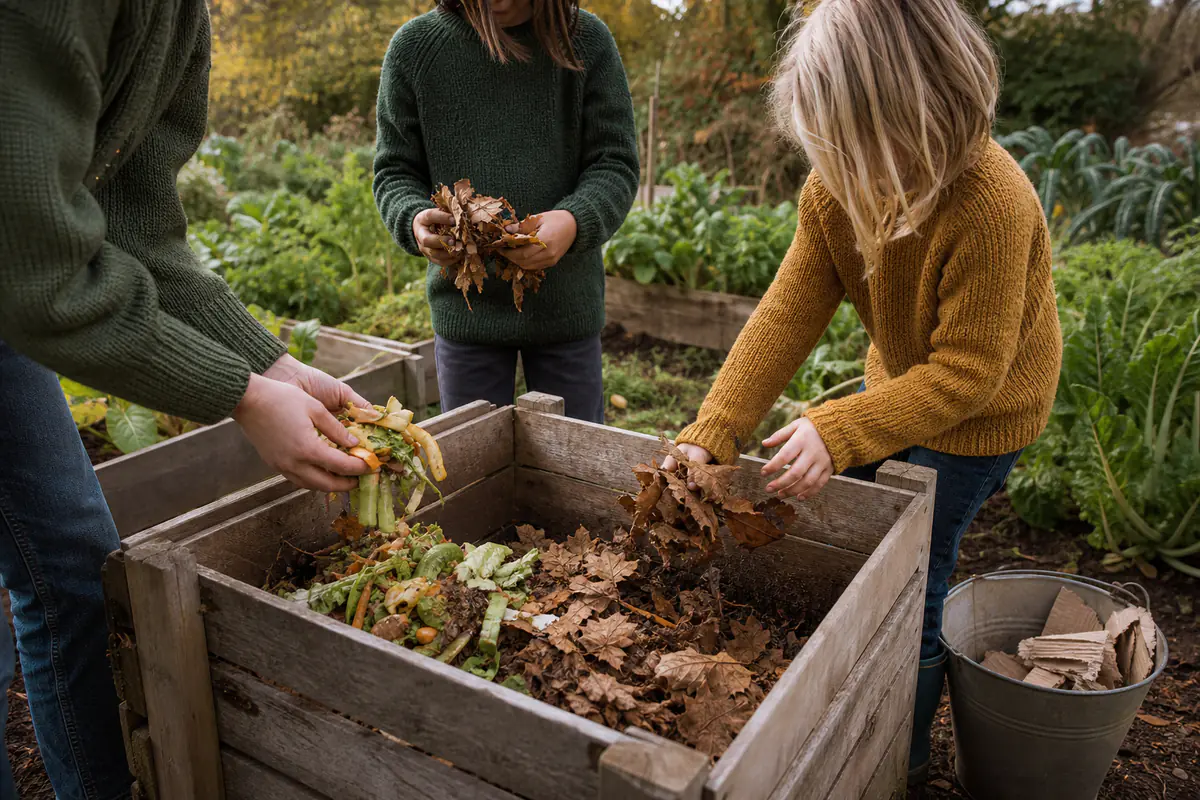 Parent et deux enfants ajoutant feuilles mortes et épluchures dans un composteur en bois au jardin