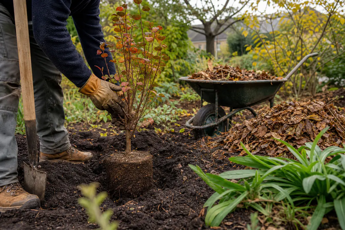 Jardinier plantant un jeune arbuste en automne dans une terre meuble, entourée de feuilles mortes paillées