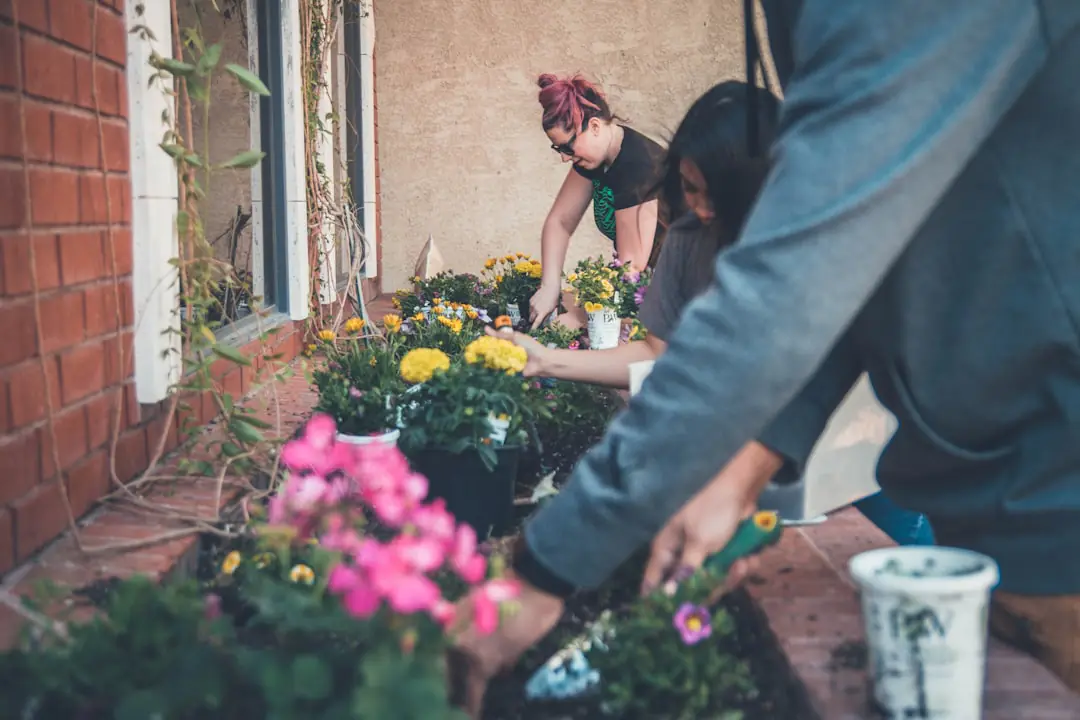 Visiteurs examinant des plants et échangeant avec un producteur dans une foire de jardinage en plein air