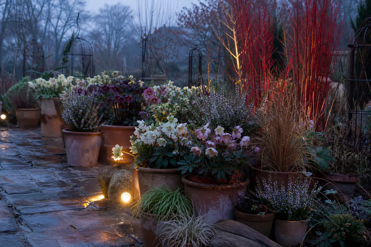 Allée de jardin d’hiver française avec hellébores, rameaux rouges, pots en terre cuite et lumière douce