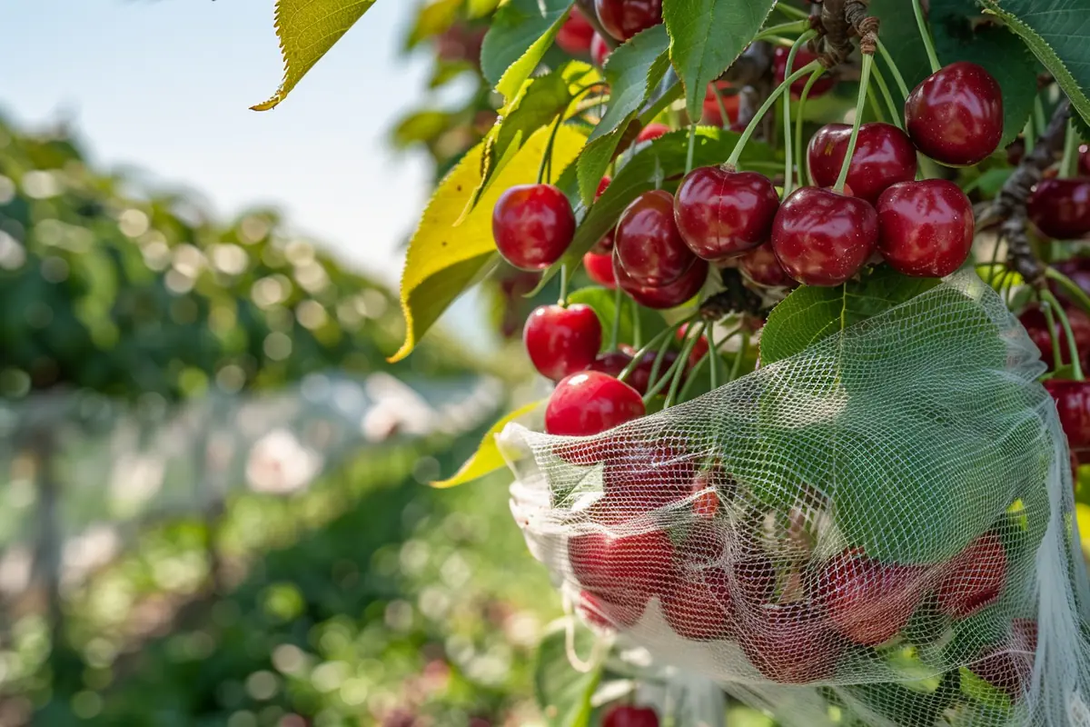 Plaques jaunes engluées suspendues dans un cerisier aux fruits qui commencent à jaunir au printemps.