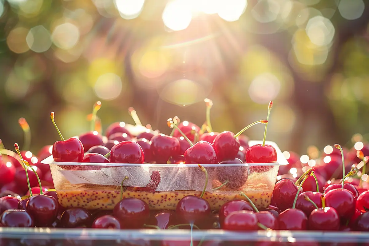 Pièges jaunes englués suspendus dans un cerisier aux fruits jaunissants, dans un jardin français familial