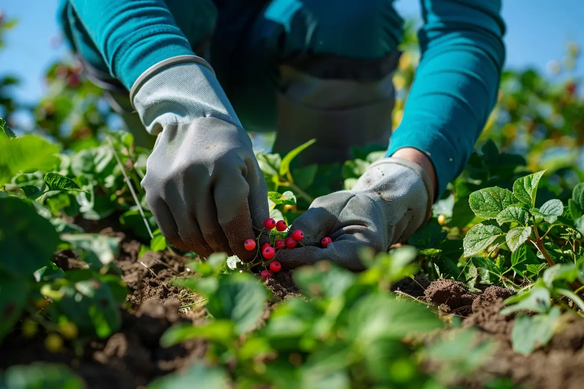 Plantation de fraisiers, framboisiers et groseilliers dans un potager français paillé au printemps