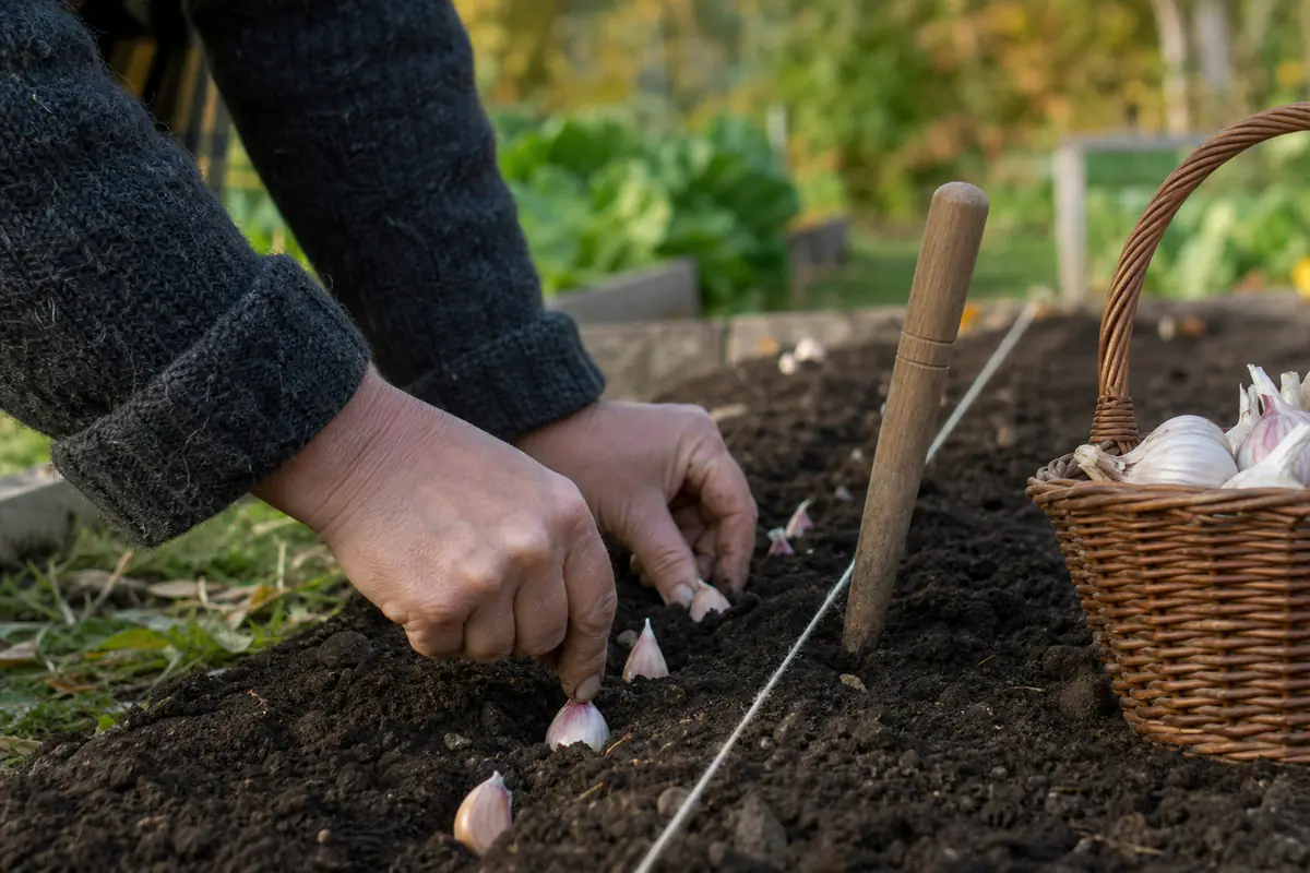 Gousses d’ail plantées en ligne dans une planche de potager, pointe vers le haut, plantoir posé sur la terre