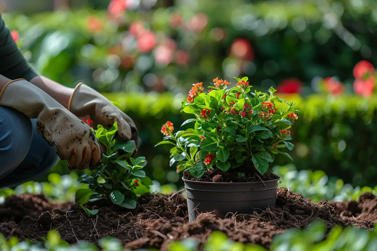 Jardinier plantant un jeune arbuste en container dans un sol ameubli, avec cuvette et paillage au pied.