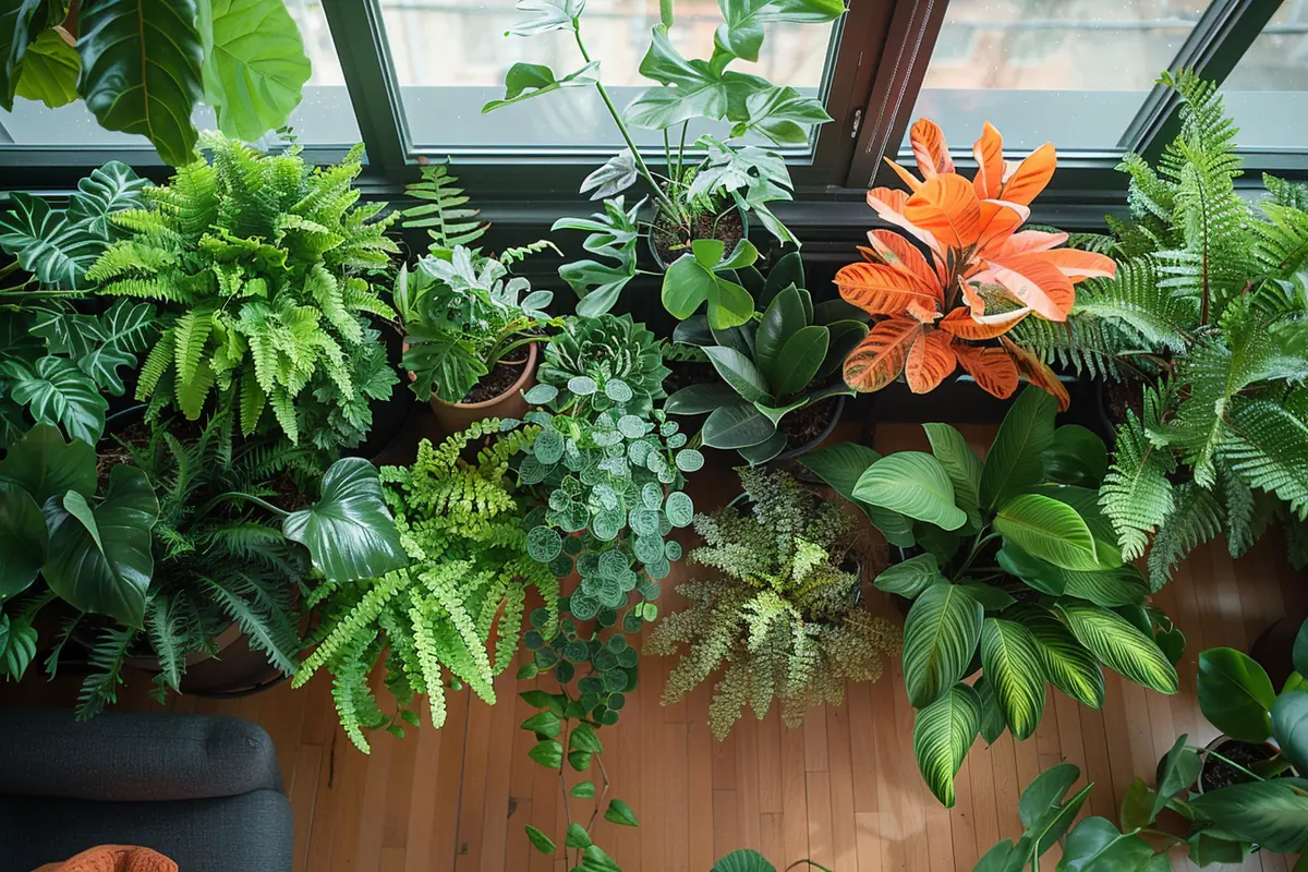 Plantes d’appartement regroupées près d’une fenêtre lumineuse sur des plateaux de billes d’argile en hiver.