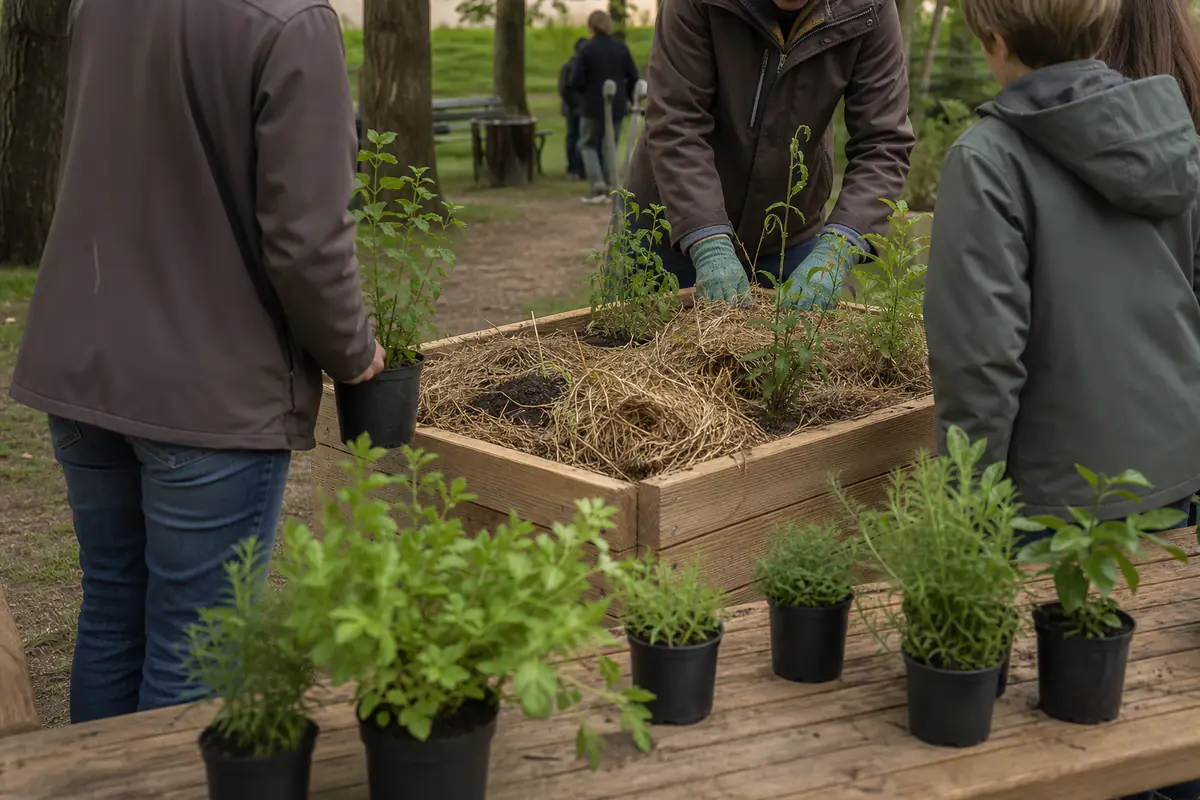Agents des espaces verts animent un atelier de plantation lors d’une Fête des jardins dans un parc communal fleuri.