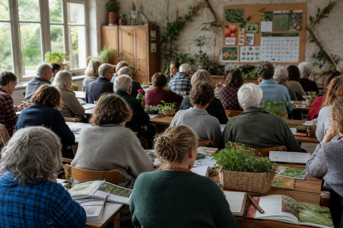 Une quarantaine de membres d’un club de jardinage réunis autour de tables pour préparer leurs projets potagers