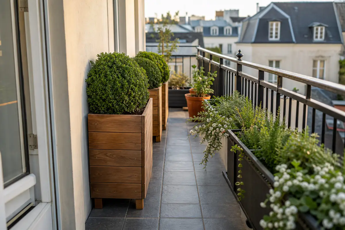 Grands bacs en bois plantés d’arbustes alignés contre la façade d’un balcon urbain, jardinières basses le long du garde-corps