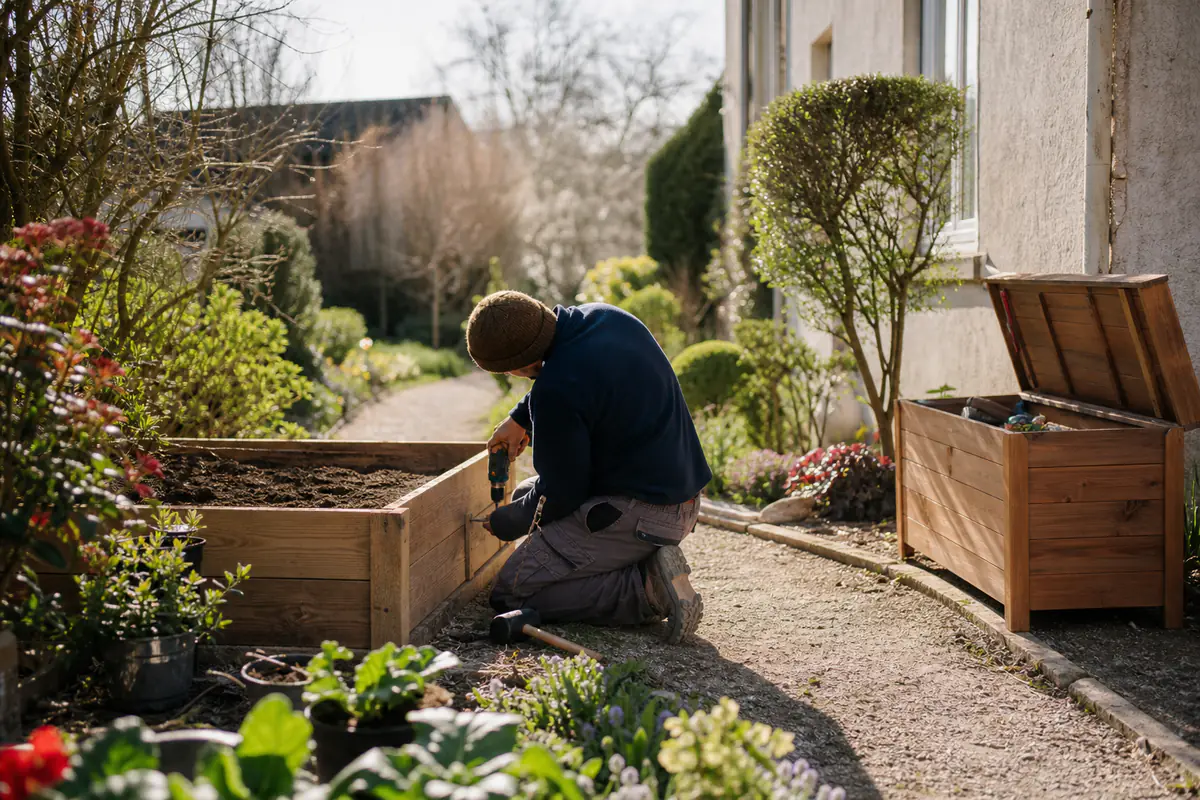 Artisan aménageant un jardin avec un bac potager en bois, des outils d’entretien et des plantations vivaces