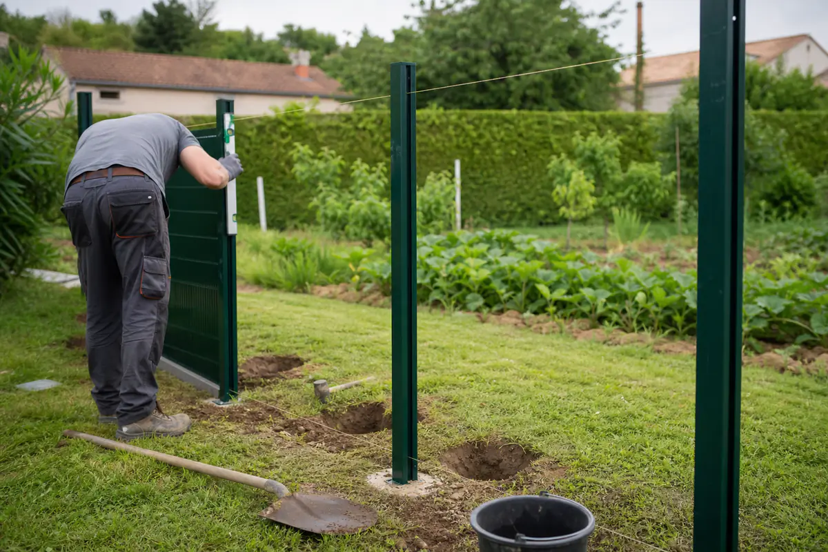 Pose d’une clôture en panneaux rigides dans un jardin français, avec cordeaux tendus et poteaux alignés